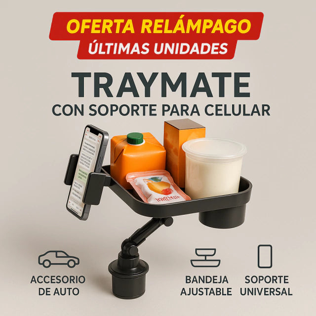 TrayMate™ – Soporte 2 en 1 para Teléfono, Bebidas y Snacks con Rotación 360° para Autos
